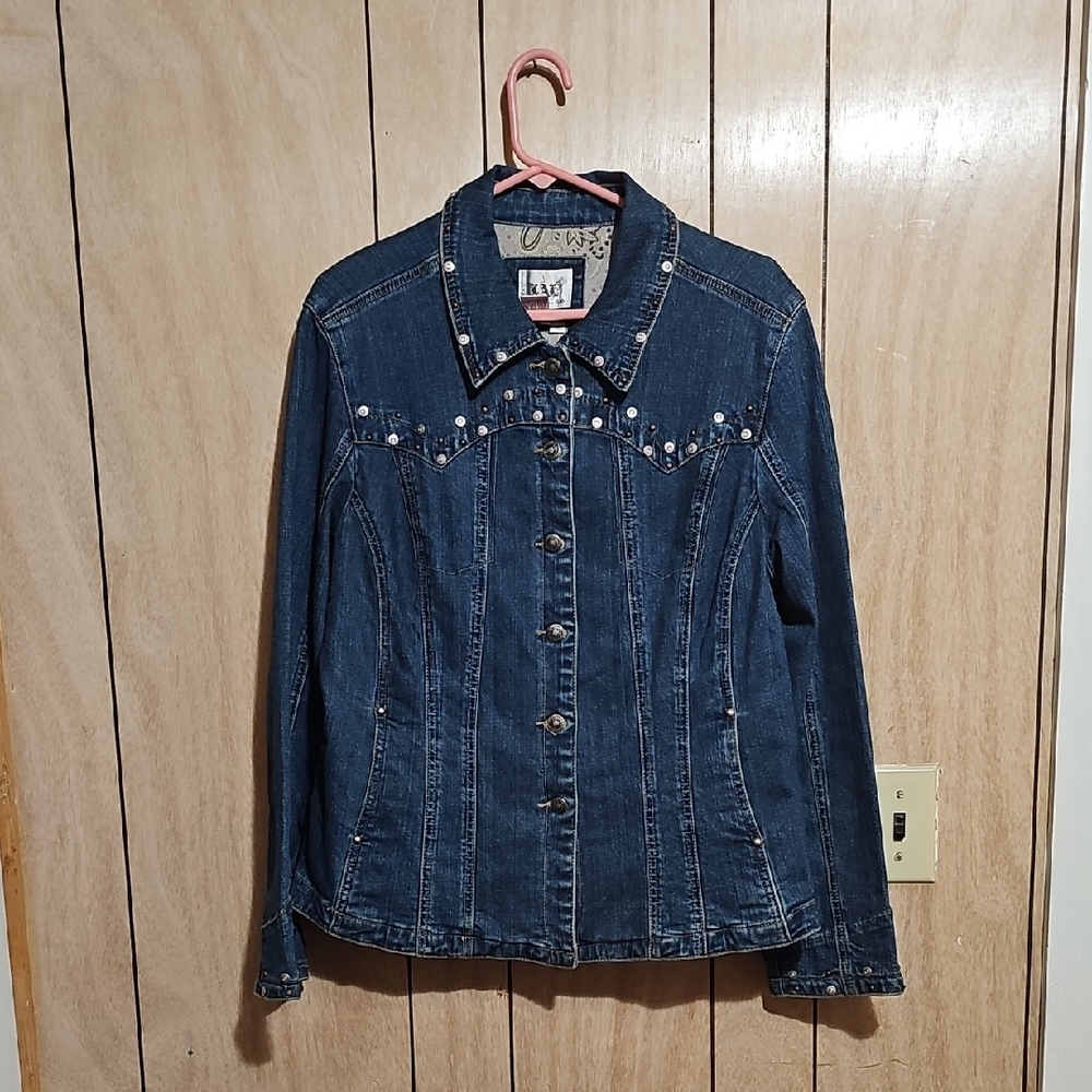 Live A Little Embellished Denim Jacket Western Cowgirl Studded Yoke Size XL